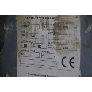 8fbe20t TOYOTA Electric forklift 2.00T 4.00M 2017  NY42