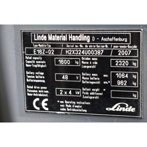E16z-02 LINDE Електрически мотокар 1.60T 6.70M 2007  NZ60