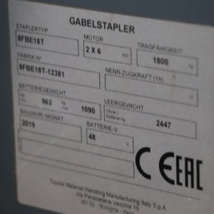 8fbe18t TOYOTA Electric forklift 1.80T 3.30M 2019  OF16