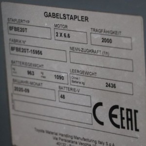 8fbe20t TOYOTA Electric forklift 2.00T 3.00M 2020  OG91