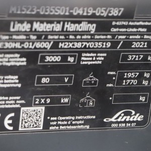 LINDE E30HL-01/600 Electric forklift 3.00T 4.19M 2021 POF67