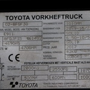 Toyota 02-8FGF30 LPG forklift 3.00T 4.70M 2017 ZOH25