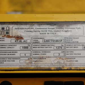 Hyster K1.0L AC Electric pallet truck 1.00T 1.09M 2016 LOL37