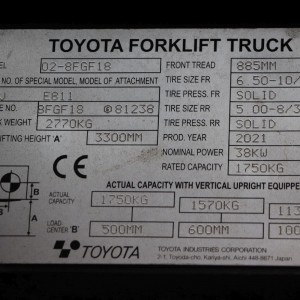 Toyota 02-8FGF18 LPG forklift 1.80T 3.30M 2021 HOG85