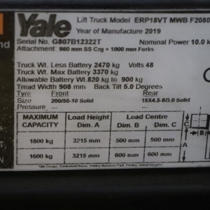 YALE ERP18VT Electric forklift 1.80T 3.21M 2019 AOJ52
