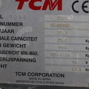 TCM FB25-7 Electric forklift 2.50T 7.00M 2012 MNW38