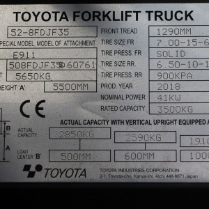Toyota 52-8FDJF35 Diesel forklift 3.50T 5.50M 2018 UNU98