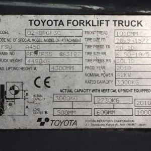Toyota 02-8FGF30 LPG forklift 3.00T 4.30M 2019 WOM22