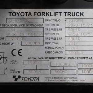 Toyota 02-8FGF30 Stivuitor GPL 3.00T 6.00M 2017 XOM23