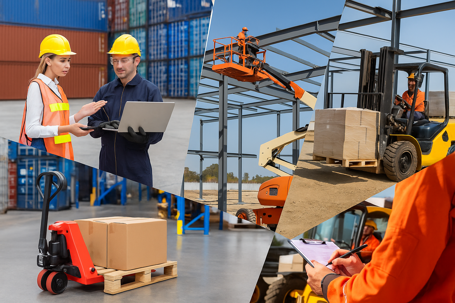 Colaj cu echipamente industriale UTEC in actiune: stivuitor, transpalet, nacela, miniincarcator